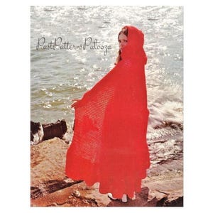 May include: A vintage crochet pattern for a red hooded cape. The pattern is called "Past Patterns Palooza".