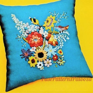 Vintage Crewel Embroidery Sewing Pattern 17" Sunshine Garden Pillow PDF Instant Digital Download Retro Floral Flower Little Bird Cushion