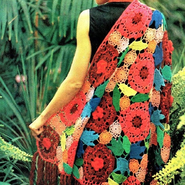 Vintage Crochet Pattern Womens Lacy Wildflower Flower Shawl Floral Rose Poppy Bluebell Zinnia Motifs PDF Instant Digital Download 4 Ply