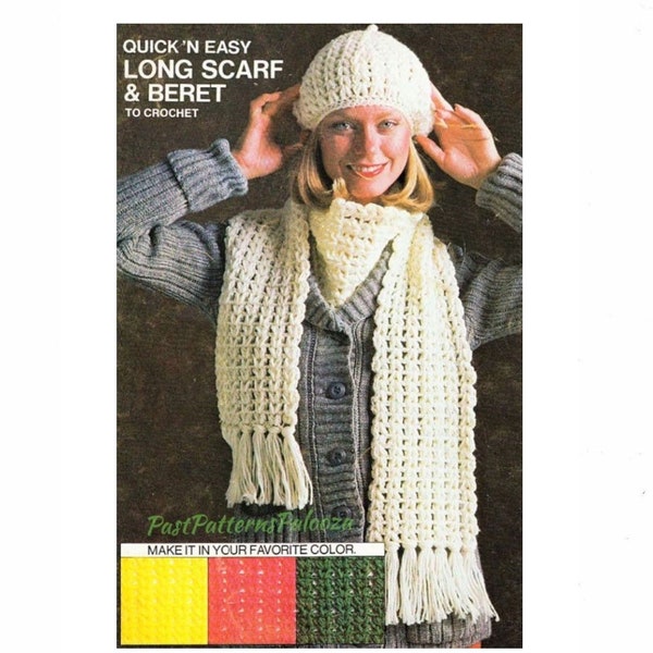 Vintage Crochet Pattern Womens Classic Simple Long Scarf and Beret Hat Set PDF Shell Stitch Chains Instant Digital Download 8 10 Ply