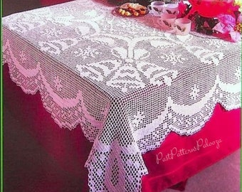 May include: White crocheted tablecloth with a delicate floral pattern. The tablecloth is laid on a red table and has a scalloped edge.