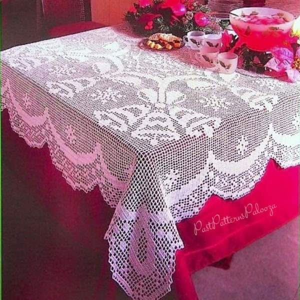 Nappe vintage Filet au crochet, motif cloches de Noël PDF, téléchargement numérique instantané, fil de coton blanc, nappe rectangulaire pour les fêtes