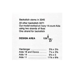 May include: A black and white diagram showing the design area for a cross stitch pattern. The design area is 129 stitches by 67 stitches. The diagram also shows the size of the design area on different fabrics, including Hardanger, Aida 18 and Davos, Aida 14, and Aida 11.