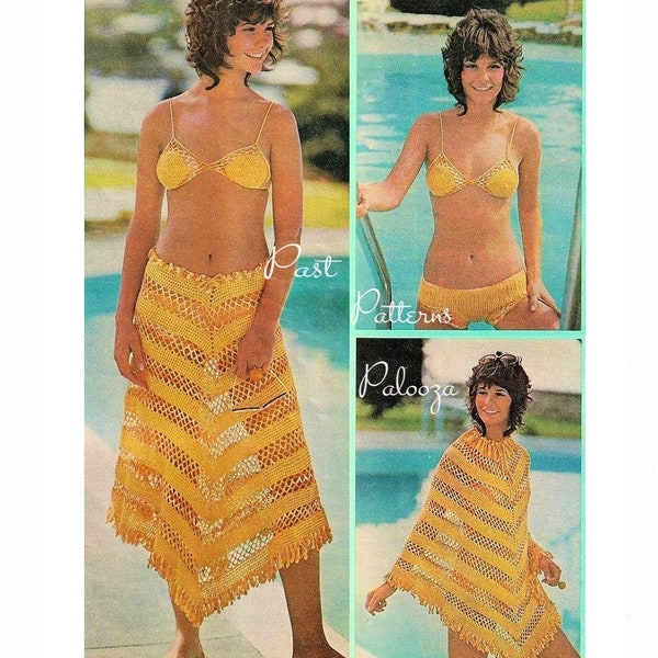 Vintage Thread Crochet Pattern Retro Bikini and Cover Up Poncho Skirt Set PDF Instant Digital Download 70s Boho Lacy Beach Outfit