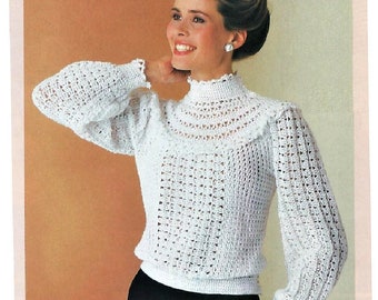 Vintage Crochet Pattern Romantic Lacy High Ruffled Collar Sweater Victorian Button Down Back PDF Instant Digital Download  Retro 1980s 5 Ply