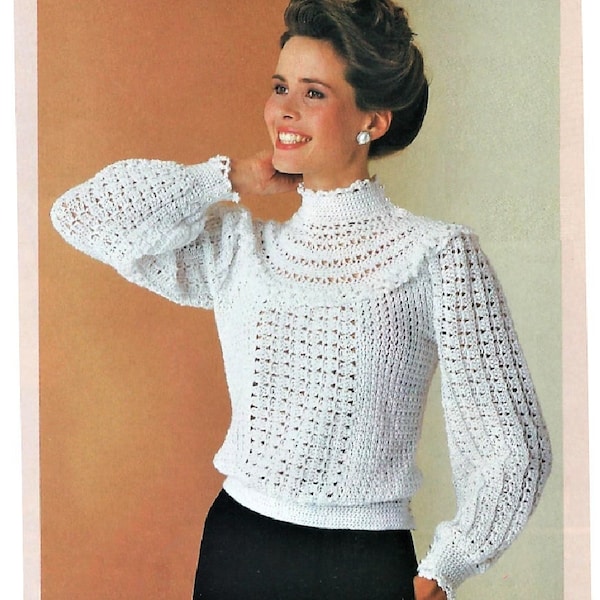 Vintage motif au crochet romantique dentelle haut col à volants pull victorien boutonné au dos PDF téléchargement numérique rétro des années 1980 5 épaisseurs