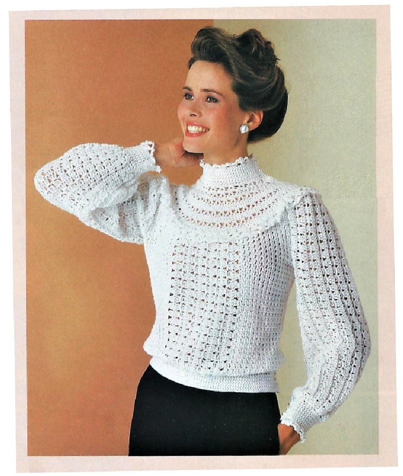 Vintage Crochet Pattern Romantic Lacy High Ruffled Collar Sweater Victorian Button Down Back PDF Instant Digital Download Retro 1980s 5 Ply image 1