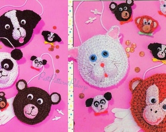 Vintage Crochet Patterns Cute Animal Toy Purses with Matching Pins PDF Instant Digital Download Panda Bear Dog Cat Monkey 4 Ply