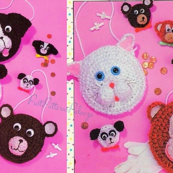 Vintage Crochet Patterns Cute Animal Toy Purses with Matching Pins PDF Instant Digital Download Panda Bear Dog Cat Monkey 4 Ply