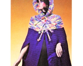 Vintage Crochet Pattern Womens Boho Hooded Cape Moss Stitch PDF Instant Digital Download Retro Sweater Poncho Coat 4 Ply One Size