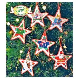 Vintage Cross Stitch Pattern Star Shaped 6&quot; Classic Christmas Character Ornaments PDF Instant Digital Download Santa Snowman Angel Tree Trim