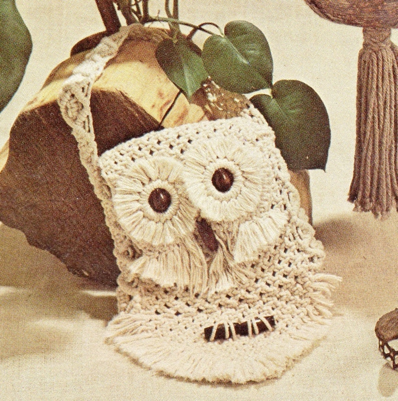 Vintage Macrame Pattern Owl Purse Handbag PDF Instant Digital Download Retro 1976 Design Synthetic Fiber Knotwork Kitschy Boho Shoulder Bag image 1