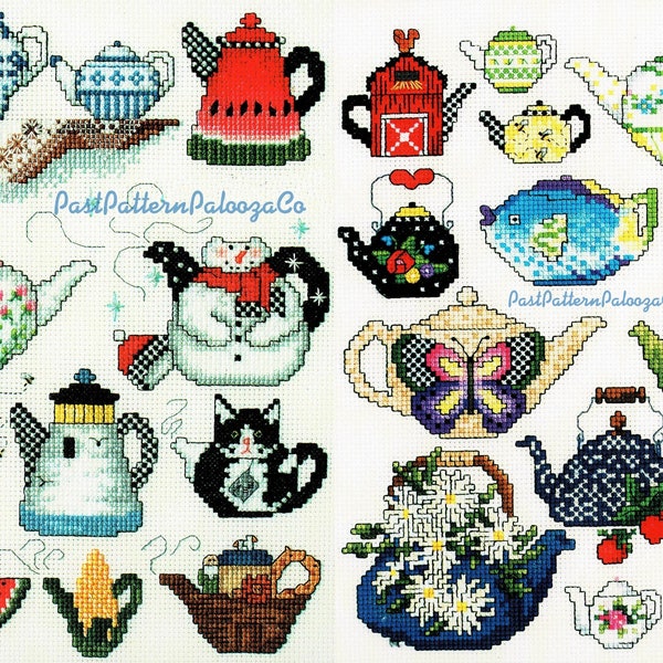 Vintage Cross Stitch Patterns Cute Teapots Tea Pot Motifs PDF Instant Digital Download Embroidery Lot of 25 Designs A1