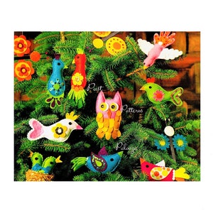 Vintage Christmas Sewing Pattern Retro Funky Birds Owl Butterfly Tree Ornaments PDF Instant Digital Download Kitsch Mod Birdies 1970s