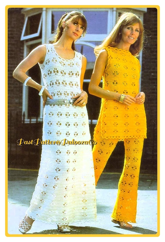 Vintage Crochet Pattern Womens Summer Maxi Dress and Tunic Pantsuit Outfits PDF Instant Digital Download Retro Boho 70s Flower Eyelet Lace
