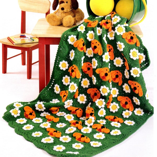 Vintage Crochet Afghan Pattern Puppy Dogs and Daisy Flower Motif Granny Squares PDF Instant Digital Download Kids Blanket 10 Ply