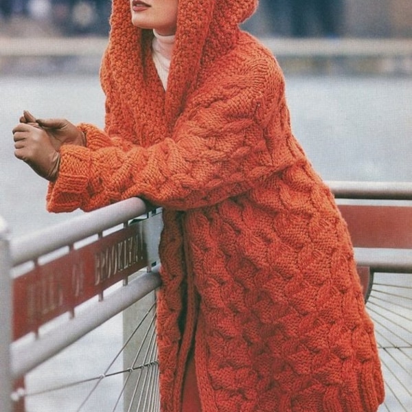 Vintage Knitting Pattern Womens Long Chunky Cable Knit Hooded Coat PDF Instant Digital Download Oversized Cardigan Jacket with Hood 14 Ply