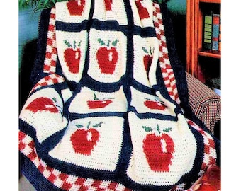 Vintage Crochet Pattern Country Apple Afghan PDF Instant Digital Download Fruit Apples Motif Blanket Throw 52x62 10 Ply