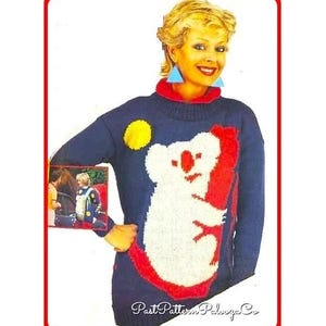 May include: A navy blue sweater featuring a large koala bear design in white and red, with a yellow circle on the left shoulder. The sweater has a red collar and cuffs. The text "Past Pattern Palooza Co" is at the bottom.