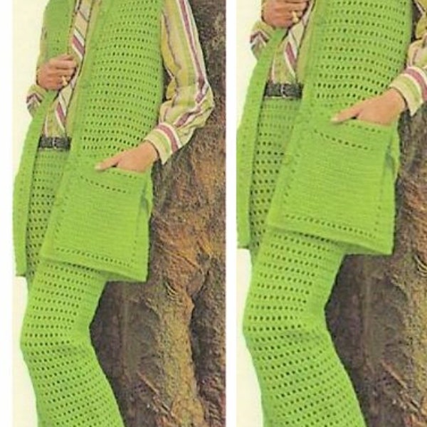 Vintage Crochet Pattern Womens Eyelet Lace Pantsuit Outfit PDF Instant Digital Download Boho Maxi Vest Waistcoat Pant Suit 10 Ply sz 8-18