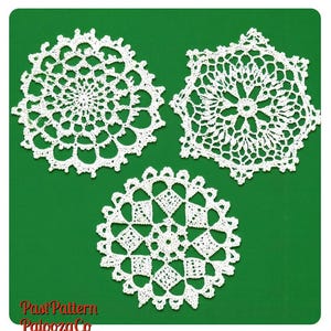May include: Three white circular crochet doilies with intricate openwork patterns and scalloped edges. The text "Past Pattern PatoozaCo" is printed in red at the bottom left. Each doily features a unique geometric design made of fine white thread.