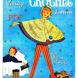 May include: A digital PDF crochet pattern cover featuring a yellow poncho with a multi-colored border, worn by a person in red and yellow striped pants. The blue background includes green star accents, a cat with yarn, and text reading This is a Vintage CROCHET Pattern PDF Past Pattern Palooza Co.