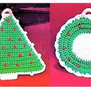 Vintage Crochet Pattern Christmas Tree and Wreath Pot Holder Set PDF Instant Digital Download Festive Holiday Potholders Quick Easy 4 Ply