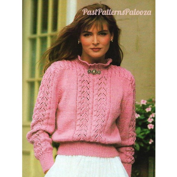 Vintage Knitting Pattern Womens Romantic Lacy Cabled Openwork Knit Sweater PDF Instant Digital Download Ruffled Collar Ribbed Waist 10 Ply