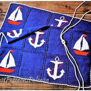 Vintage Crochet Pattern Nautical Sailboats Anchors Afghan PDF Instant Digital Download Sailing Boating Throw Blanket Tunisian Stitch 5 Ply