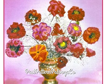 Vintage Crochet Pattern Japanese Poppy and Japanese Iris Floral Arrangement PDF Instant Digital Download Crocheted Artificial Flower Bouquet