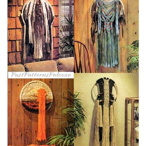 May include: A collage of four wall hangings featuring fiber art designs. One is black and white, one features blue and brown tones, one displays a circular landscape with orange fringe, and one is a black and cream macrame piece with long tassels.