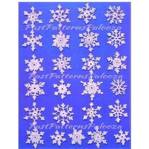 May include: A collection of twenty-two white crocheted snowflake ornaments arranged in a grid on a bright blue background. Each snowflake features a unique, intricate lace pattern. The text PastPatternsPalooza appears in white.