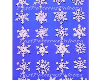 May include: A collection of twenty-two white crocheted snowflake ornaments arranged in a grid on a bright blue background. Each snowflake features a unique, intricate lace pattern. The text PastPatternsPalooza appears in white.