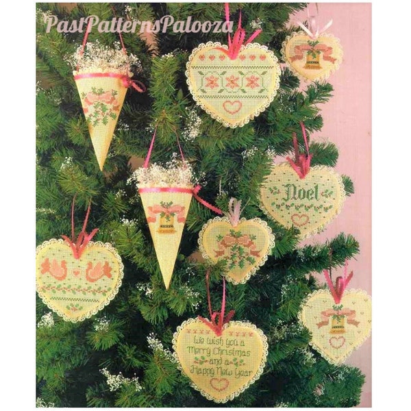 Vintage Cross Stitch Pattern Beaded Victorian Christmas Tree Ornaments PDF Instant Digital Download Perforated Paper Craft Hearts Cornucopia