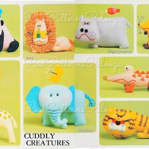 Vintage Sewing Pattern Cuddly Creatures Zoo Animals 12 Felt Soft Doll Figures 3-5 Inches PDF Instant Digital Download Gorilla Lion Hippo +
