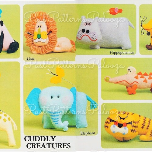 Vintage Sewing Pattern Cuddly Creatures Zoo Animals 12 Felt Soft Doll Figures 3-5 Inches PDF Instant Digital Download Gorilla Lion Hippo +