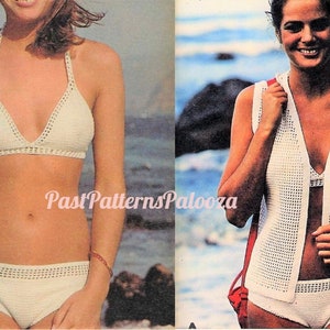 May include: Two crochet swimsuit patterns. The first pattern is a halter top and bikini bottom. The second pattern is a sleeveless vest. Both patterns are white.