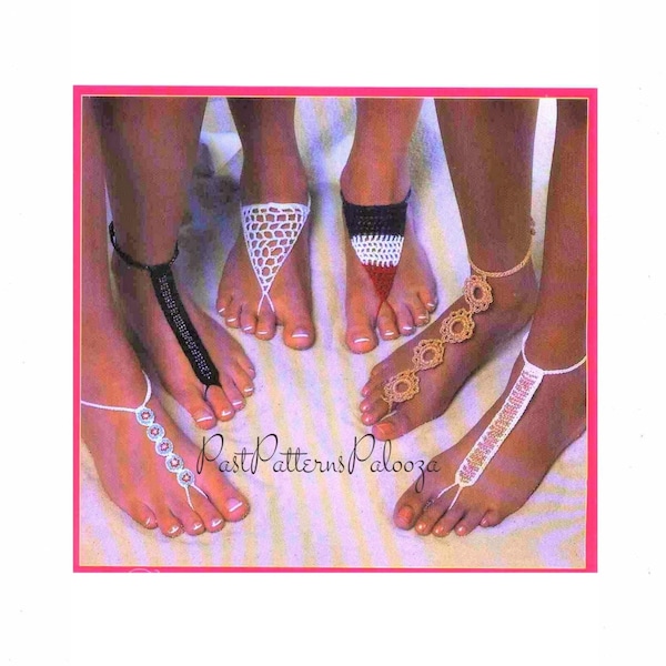 Vintage Crochet Pattern Womens Barefoot Sandals PDF Instant Digital Download 6 Designs Beach Bride Wedding Boho Yoga Chic Cotton Thread