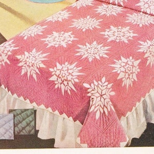 Op de afbeelding: Een roze en witte quilt met een sneeuwvlokkenpatroon. De quilt heeft een witte ruche rond de rand.