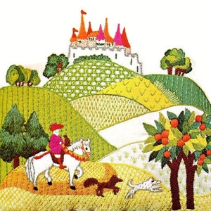 Vintage Crewel Embroidery Pattern Romance Revisited Knight With Dogs Medieval Castle Hillside Scene Stitchery PDF Instant Digital Download