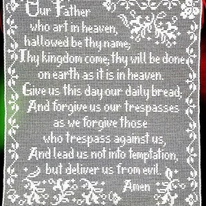 May include: White crochet wall hanging with the Lord's Prayer in white thread. The hanging has a red border.