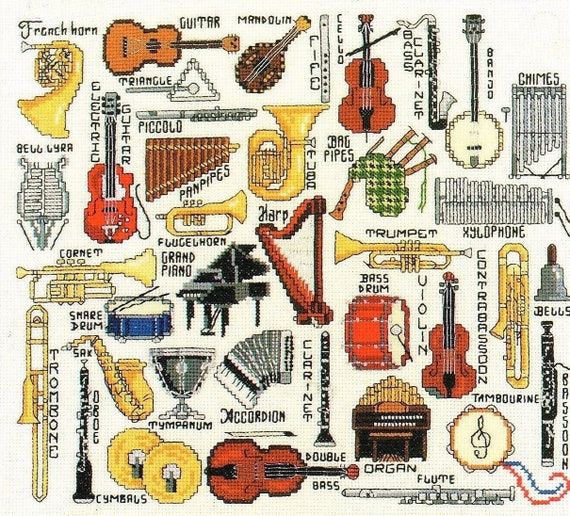 Vintage Cross Stitch Patterns Mini Musical Instruments