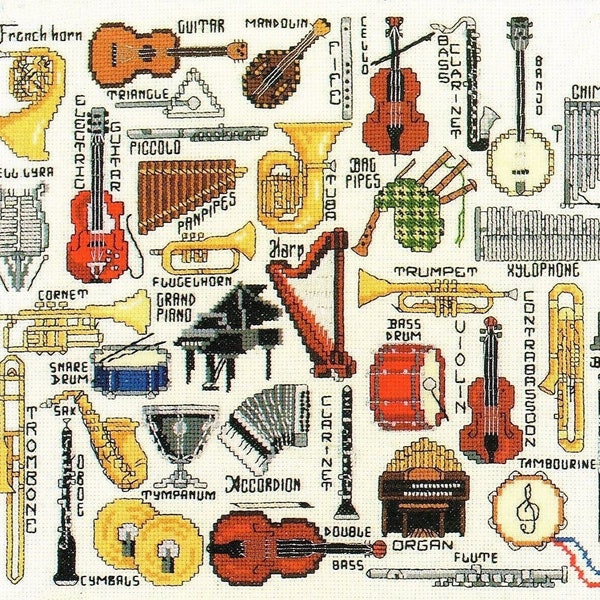 Vintage Cross Stitch Patterns Mini Musical Instruments Motifs PDF Instant Digital Download Embroidery 35 Music Orchestra Band Designs A1