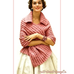 Vintage Knitting Pattern Womens Wrap Shawl Cabled Collared Stole PDF Instant Digital Download Retro MCM 1950s Cape DK
