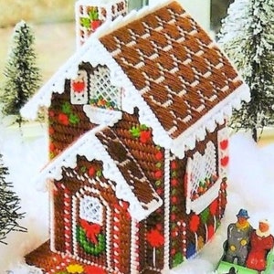 Vintage Plastic Canvas Pattern Snowy Gingerbread House Tissue Box Cover Christmas Tissue Topper PDF Instant Digital Download 7 Count