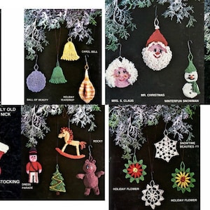 May include: A collection of 18 crochet Christmas ornaments, including a snowman, Santa Claus, a stocking, a gingerbread man, a candy cane, a bell, a star, a horse, a flower, and an angel. The ornaments are all white, red, green, and blue.