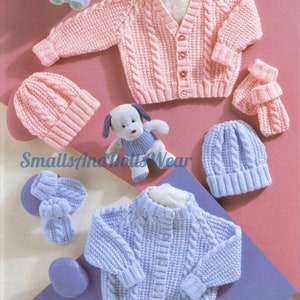 Vintage Knitting Pattern Knit Baby Boy Girl Cable & Rib Stitch Cardigan Sweater Hat Mitts Set PDF Instant Digital Download Preemie-2 yrs DK