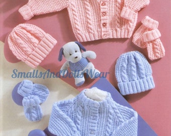 Vintage Knitting Pattern Knit Baby Boy Girl Cable & Rib Stitch Cardigan Sweater Hat Mitts Set PDF Instant Digital Download Preemie-2 yrs DK