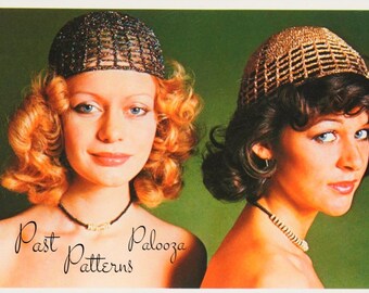 May include: Two women with different hairstyles are wearing crocheted hats. The woman on the left has blonde curly hair and is wearing a black hat with silver glitter. The woman on the right has dark brown curly hair and is wearing a gold hat. Both women are wearing necklaces. The text "Past Patterns Palooza" is written in black cursive at the bottom of the image.
