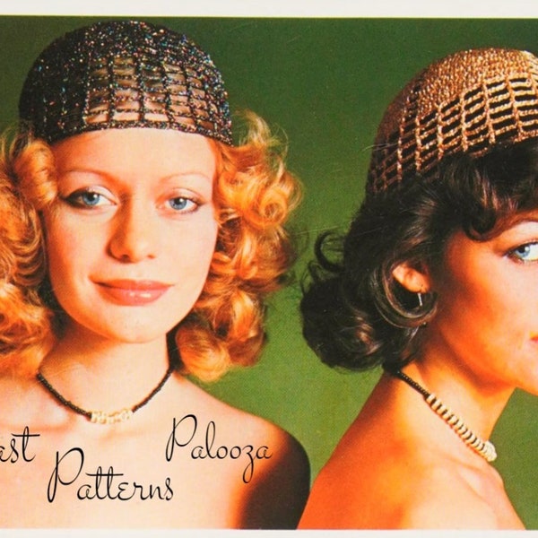 Vintage Crochet Pattern Womens Retro Net Style Glitter Cap Hats PDF Instant Digital Download Metallic Yarn